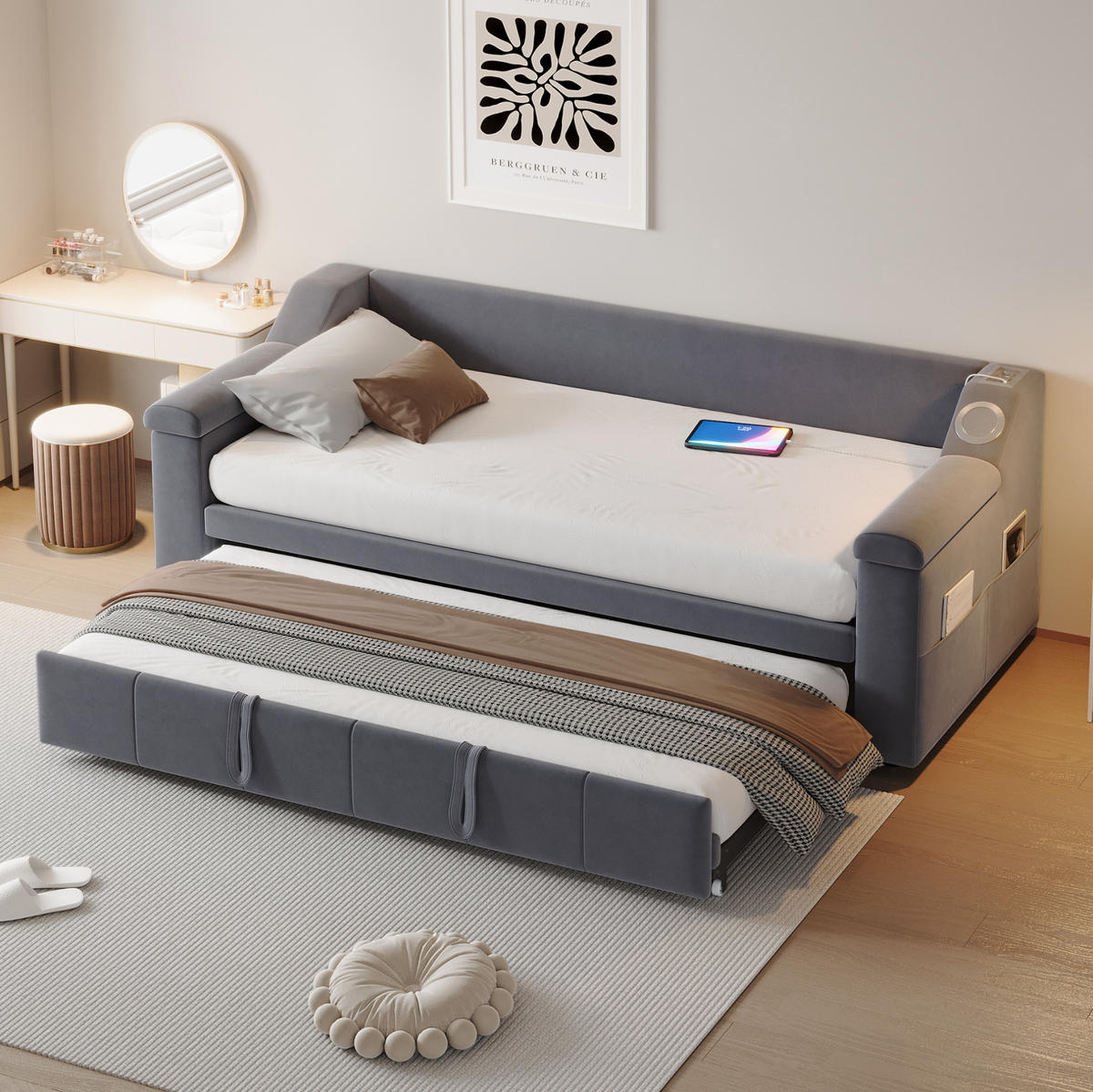 SCHLAFSOFA aus Samtstoff 90/180x190 cm Grau mit Bluetooth-Stereo, USB-Anschluss, Ablagefächern und Lattenrost - Grau, Textil (216/69/97cm) - Modfu