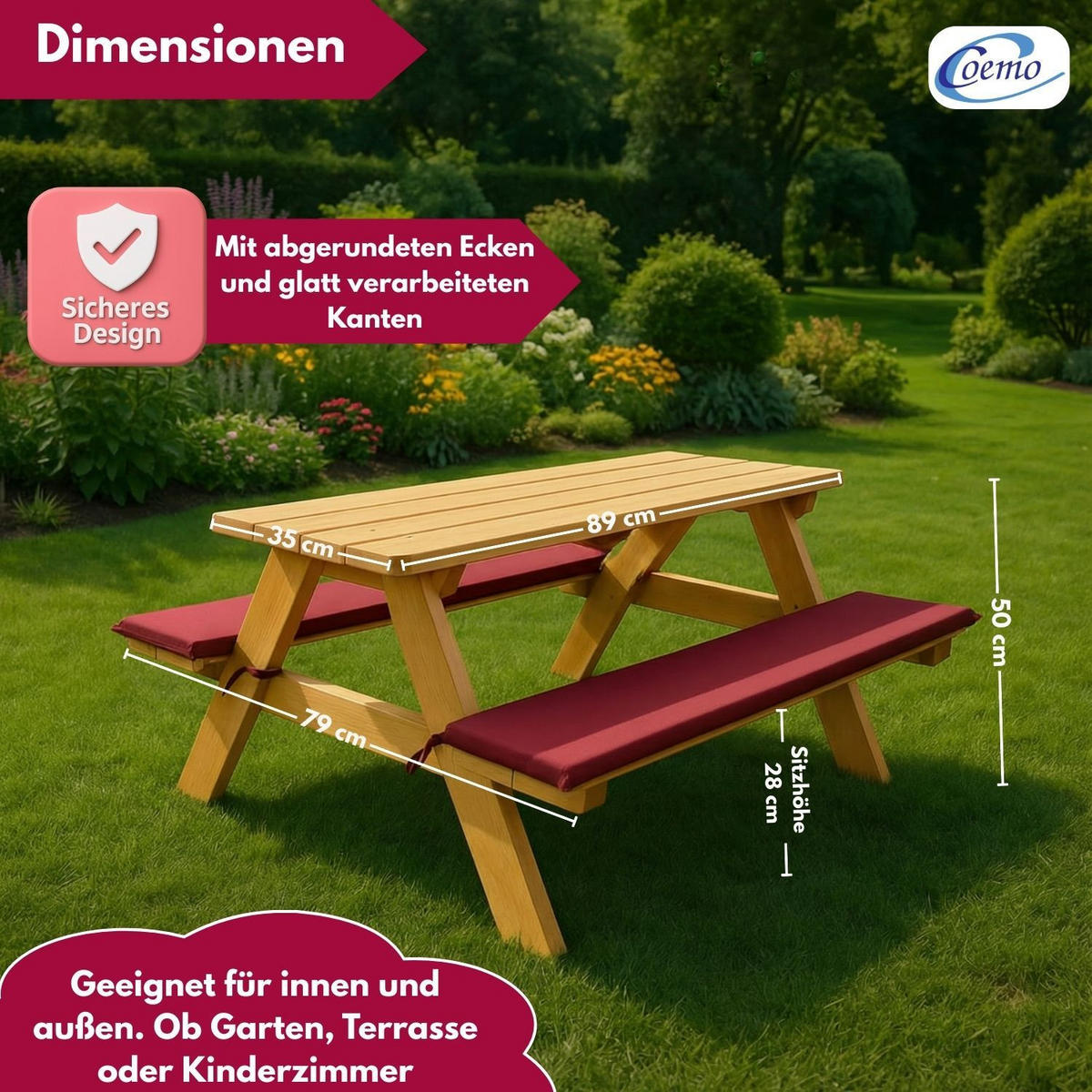 KINDERSITZGRUPPE GARTEN Holz mit Sitzauflagen Farbe Natur 89/79/50 cm - Naturfarben, Holz (79/50/89cm) - Coemo