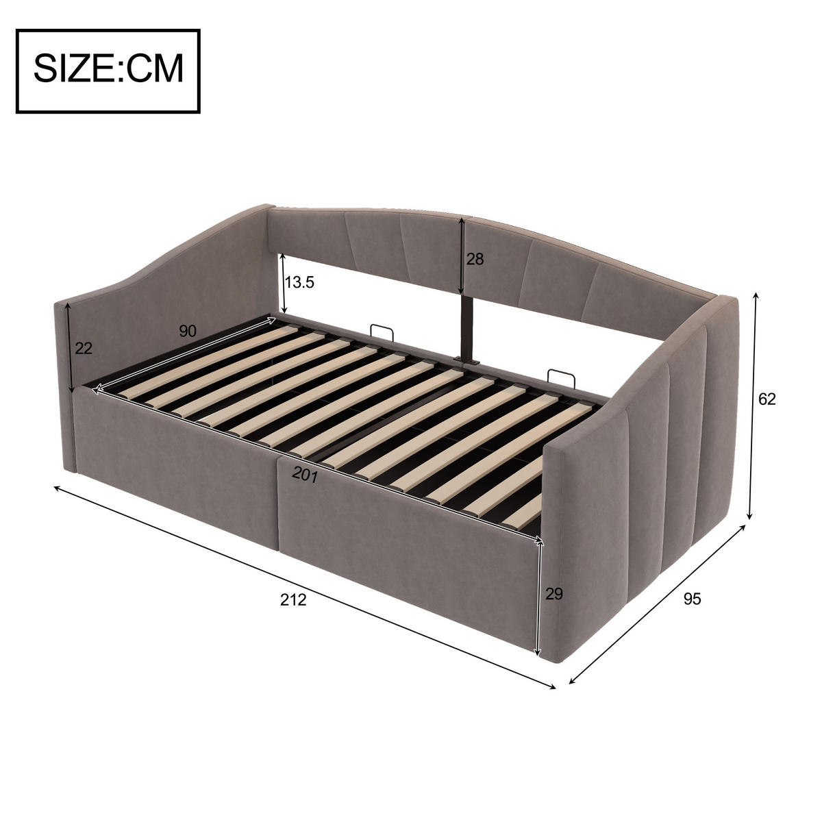 POLSTERBETT 90/200 cm Grau mit hydraulischer Lagerung und Lattenrost - Grau, Textil (90/200cm) - OKWISH
