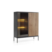 MODERNE Geriffelte Vitrine LAGOS W2D (Schwarz, Eiche Wotan, LED, Metallfüße, Push to Open) - Eiche Wotan/Schwarz, Glas/Holz (104/126/39cm) - Ravio
