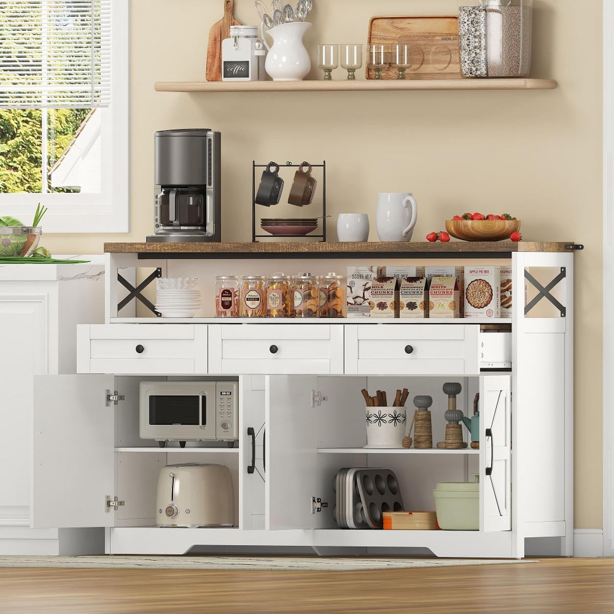 KÜCHENINSEL BUFFET-ANRICHTE mit 3 Schubladen und Türen, Landhausstil, Weiß-Braun, 140 cm - Braun, Kunststoff (35/95/140cm) - Rolipo
