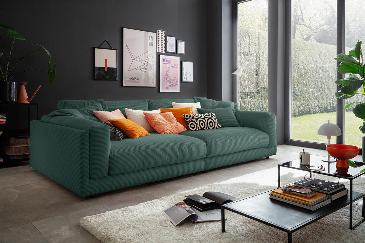 BIG SOFA RAINA Smaragdgrün Cord - Smaragdgrün/Schwarz, Kunststoff/Textil (294/85/150cm) - KAWOLA