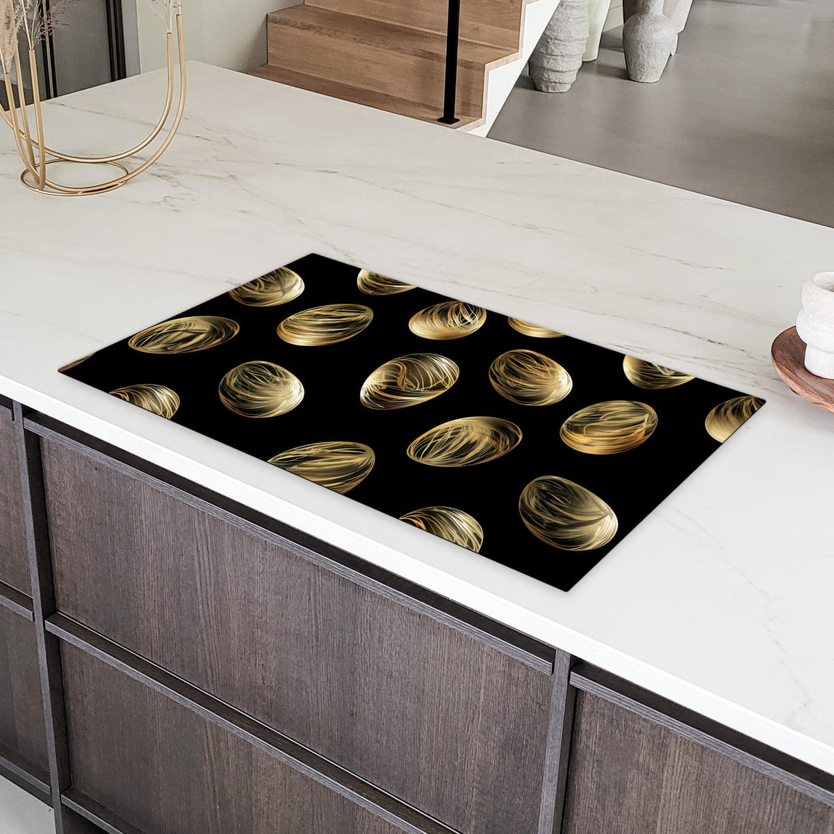 HERDABDECKPLATTE Eier - Gold - Muster Induktionsschutz 91.6x52.7 cm - Schwarz, Kunststoff (91.6/52.7/0.2cm) - MuchoWow
