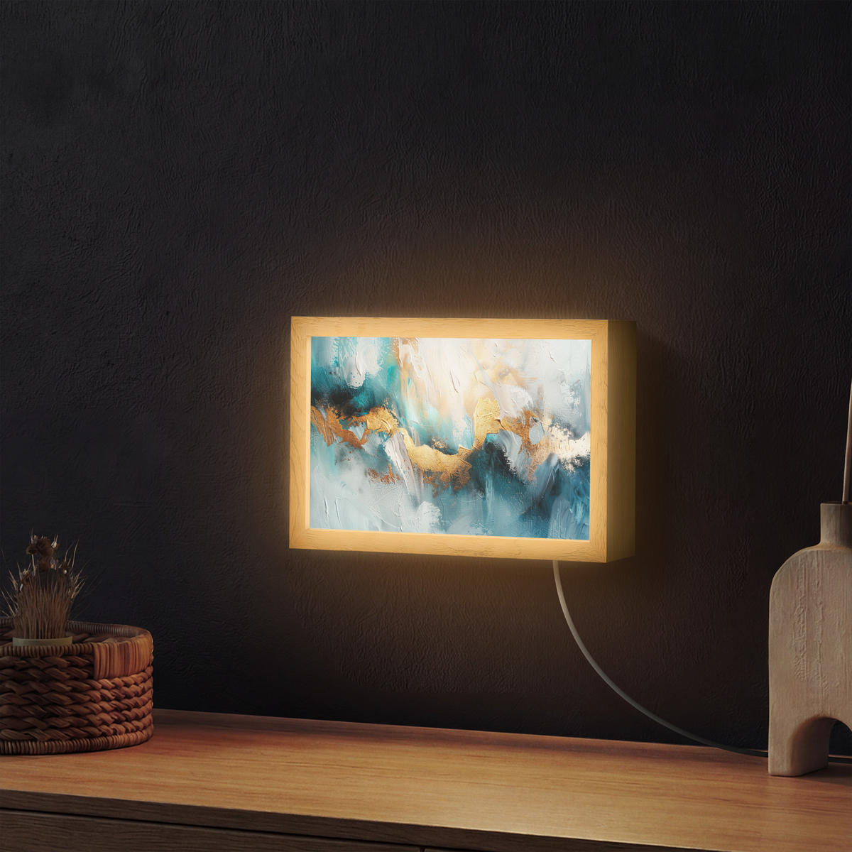 NÁSTĚNNÁ LAMPA Abstraktní - umění - zlatá - modrá 30x20 cm - tyrkysová, kompozitní dřevo (30/20/8cm) - OnlyWow