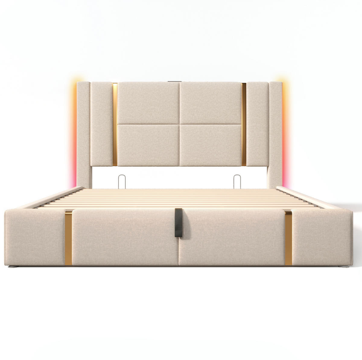 POLSTERBETT aus Leinenstoff 160x200 cm Beige mit Bettkasten, LED-Beleuchtung, USB- und USB-C-Anschluss - Beige, Textil (160/200cm) - IVMEU