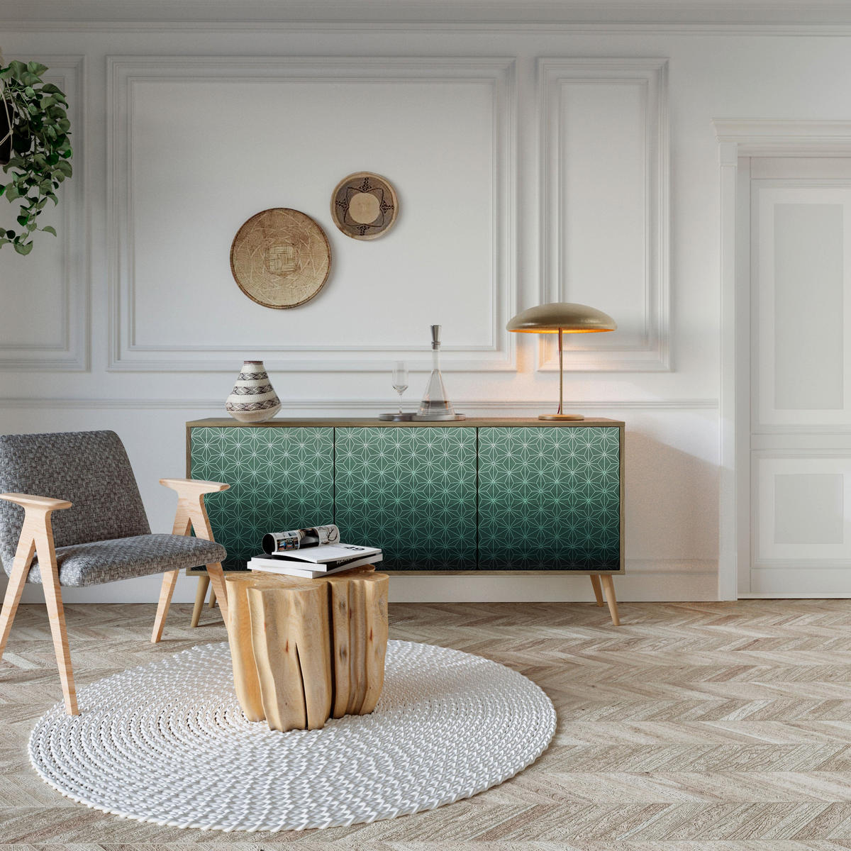SIDEBOARD ORNAMENTAL GLIMMER, Eicheneffekt, 164,5x42x77,5 cm, 3 Türen - Eichefarben/Buchefarben, Holzwerkstoff/Buchenholz (164.5/77.5/42cm) - SpaceRebels