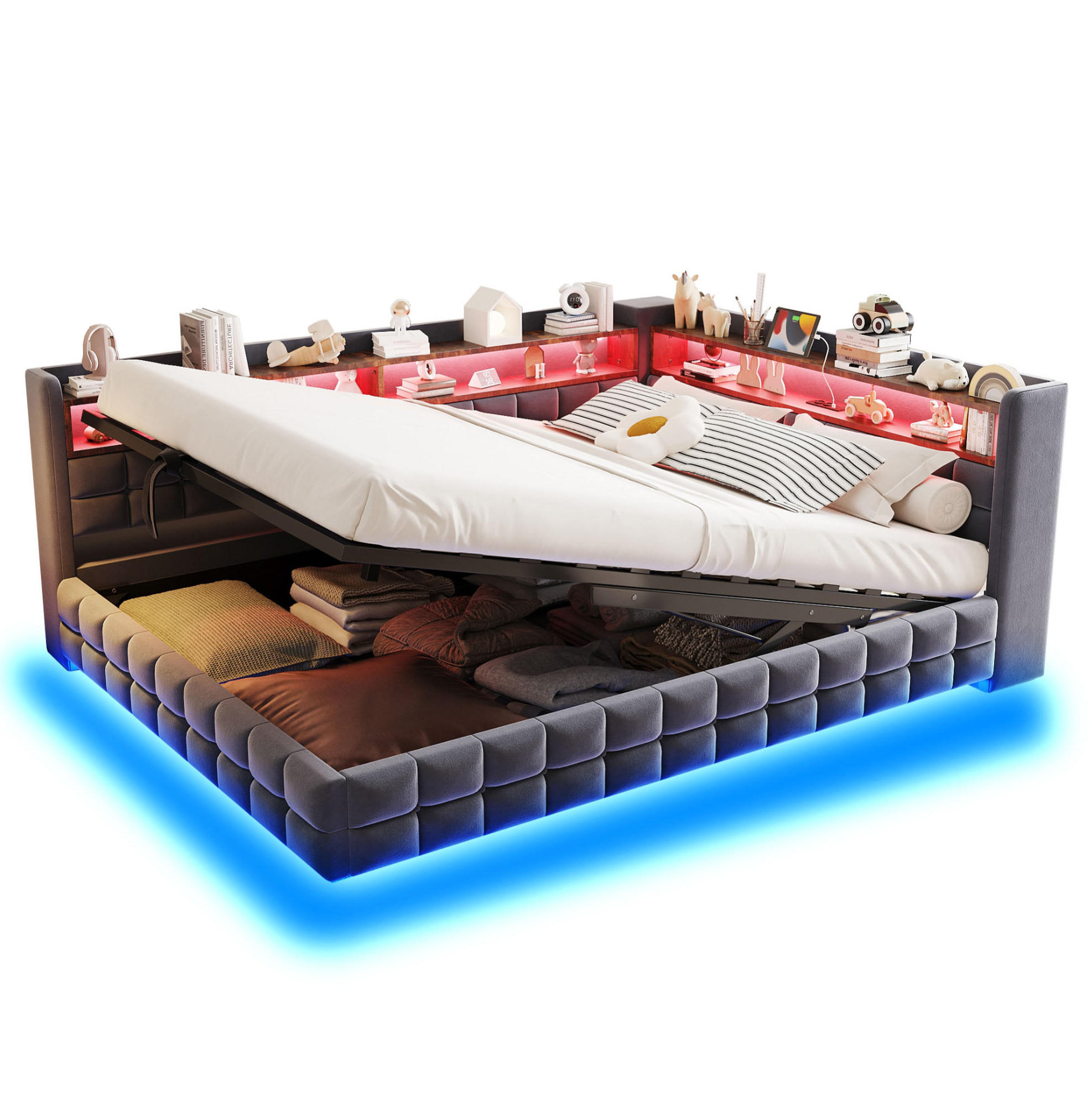 POLSTERBETT 140/200 cm mit hydraulischem Stauraum, LED-Beleuchtung, Steckdose, USB- und Typ-C-Anschluss, Grau - Grau, Textil (140/200cm) - Redom