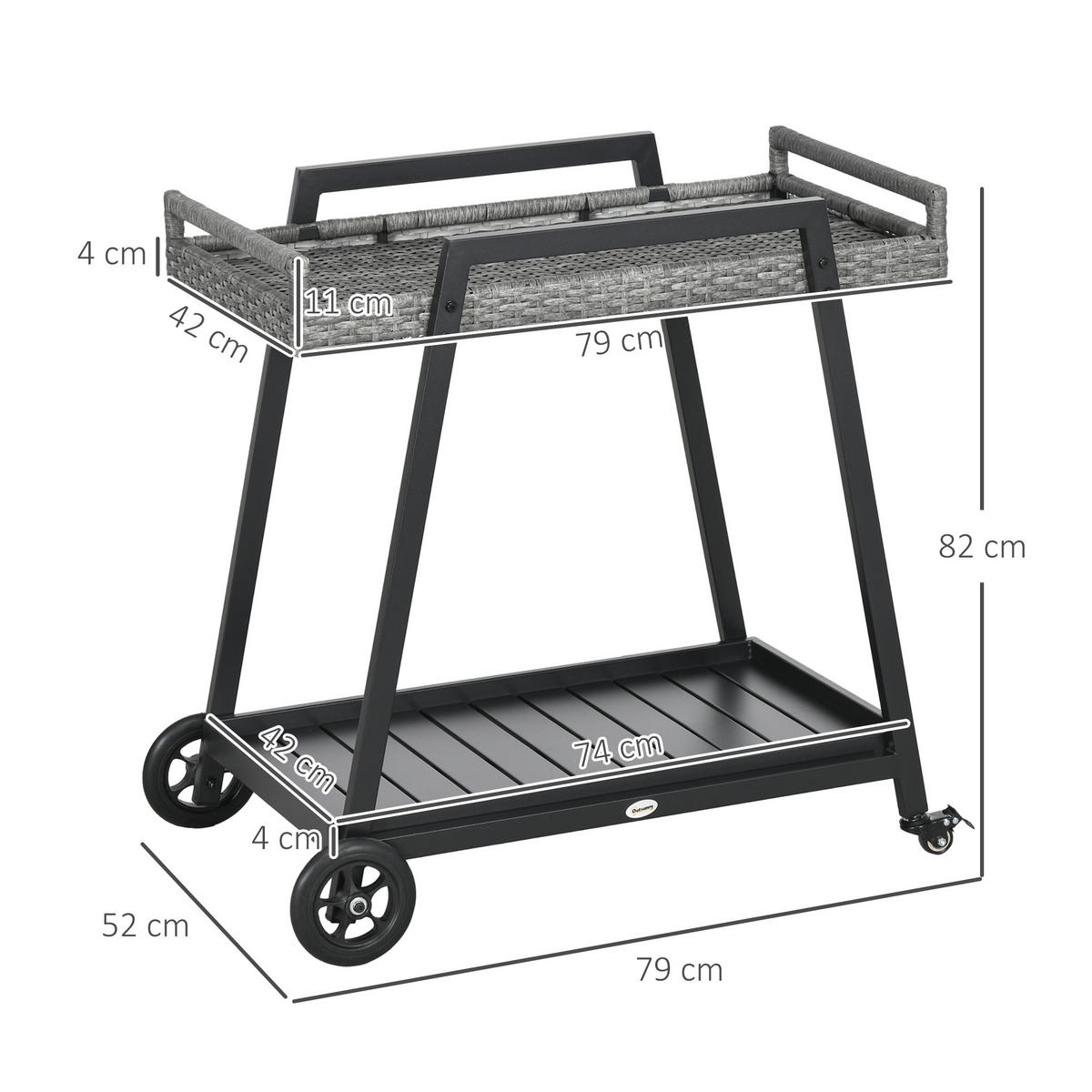 RATTAN Servierwagen Trolley mit Ablage, für Balkon, Stahl, Grau - Grau, Metall (52/82/79cm) - Outsunny