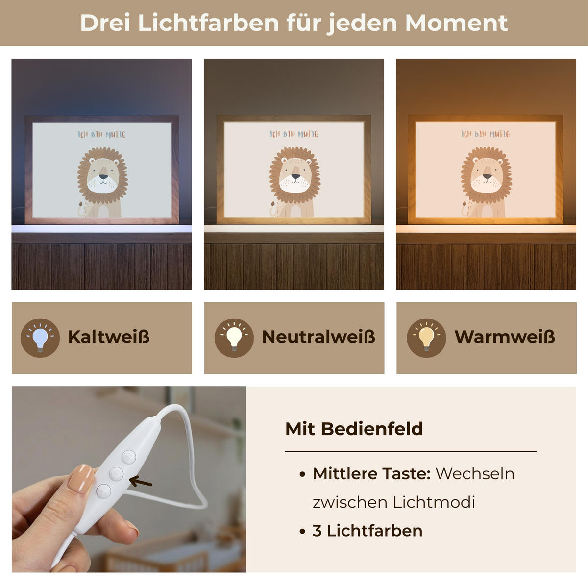 NACHTTISCHLAMPE Löwe - Beige - Tier - Mutig - Zitat 30x20 cm - Beige, Holzwerkstoff (8/30/20cm)