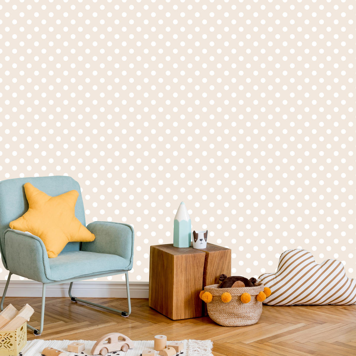 VLIESTAPETE Weiße Punkte im Boho-Stil – Beige, Weiß – 50x1000 cm - Beige/Weiß, Papier (50/1000cm) - Muralo