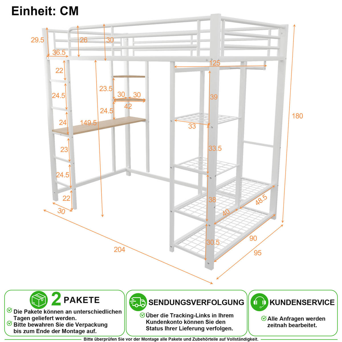 HOCHBETT 90/200 cm in Weiß mit Schreibtisch, Regal und Kleiderstange - Weiß, Holzwerkstoff/Metall (90/200cm) - CHICFURN