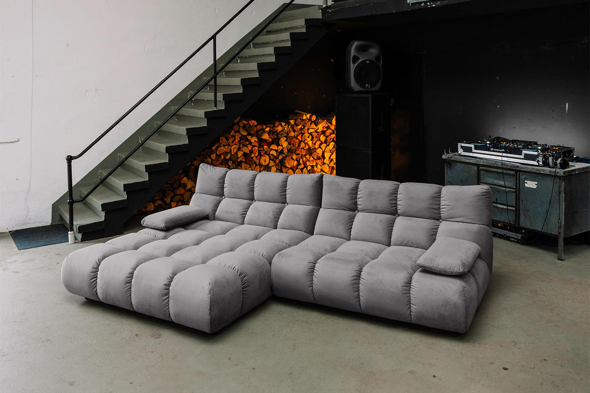 ECKSOFA VIVIEN Steingrau Velvet - Schwarz/Grau, Kunststoff/Textil (290/178cm) - KAWOLA