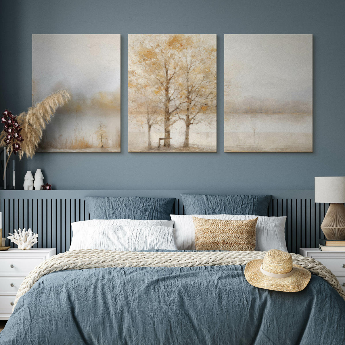 LEINWANDBILDER 3-es Set Baum Malarei - Beige/Weiß, Textil (90/40cm) - Muralo