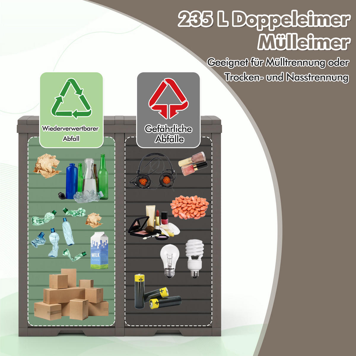MÜLLEIMER 235 L mit Doppeldeckel braun - Braun, Kunststoff (77/86/40cm) - COSTWAY