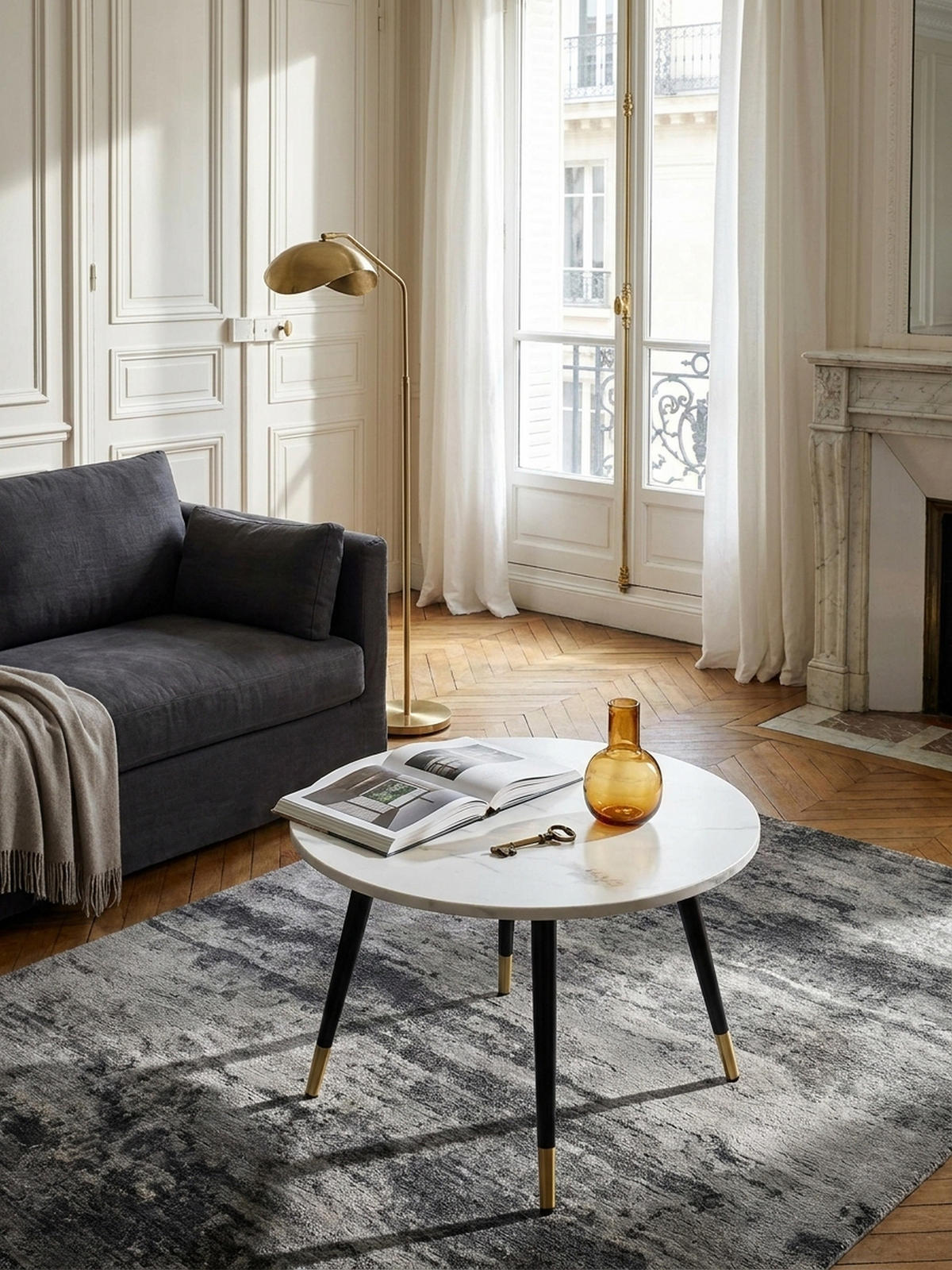 COUCHTISCH mit Marmor Optik, Modernes Design, Metall-Gestell, Runde Form, Weiß 60x60x41 cm - Goldfarben/Weiß, Holzwerkstoff/Metall (60/60/41cm) - KADIMA DESIGN