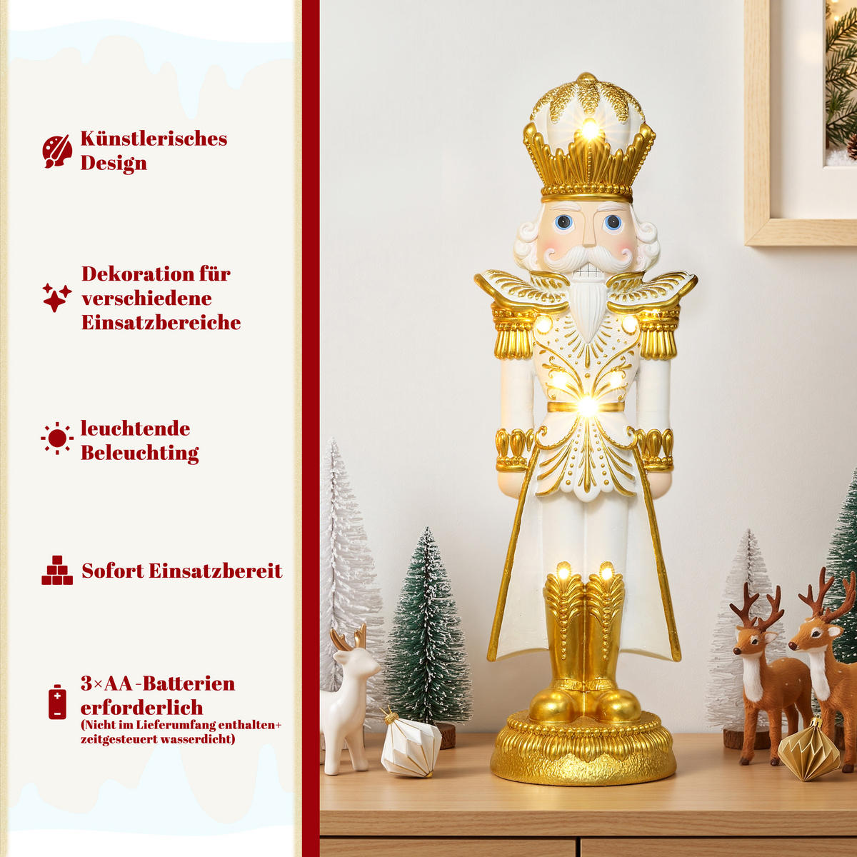 HOMETOPIA Nussknacker Figur 61 cm, Weihnachtsdeko mit 8 LEDs, Timer, MgO - Goldfarben, Naturmaterialien (16/61/19.5cm) - Hometopia