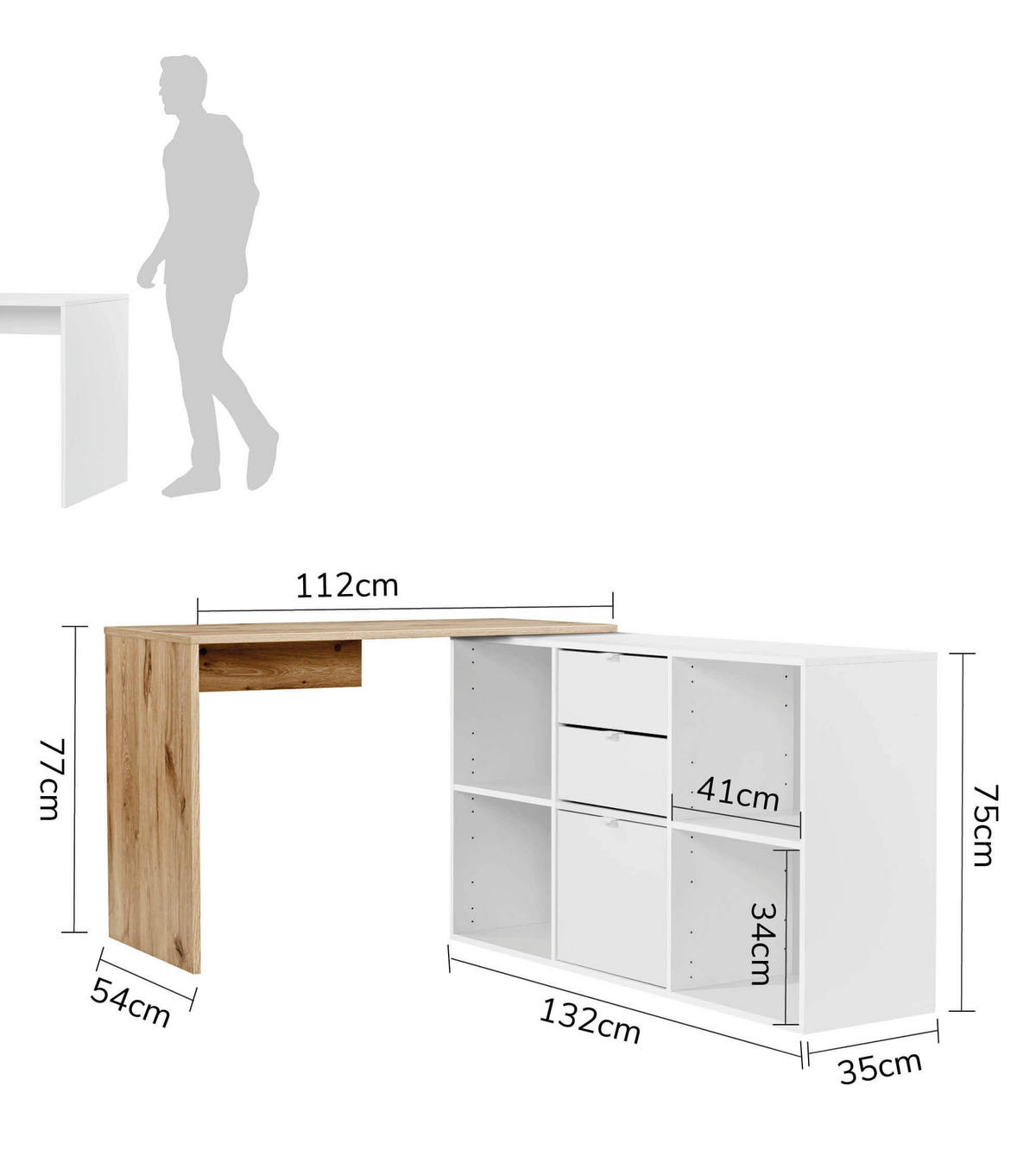 ECKSCHREIBTISCH Der Produktive - Eichefarben/Weiß, Holzwerkstoff (54/112/77cm) - Mokebo