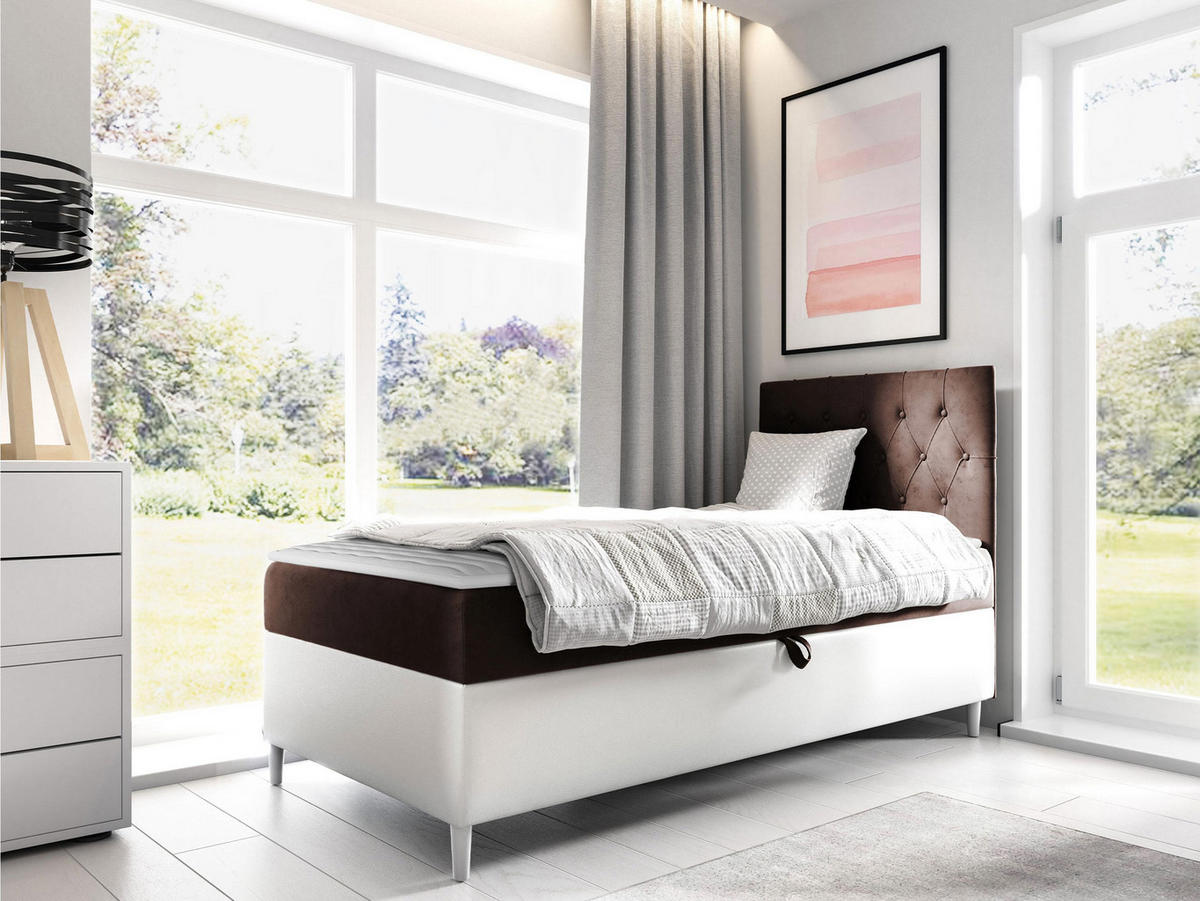 BOXBETT Filip Junior 1, Seite zum Öffnen des Bettkastens: Rechts - Weiß/Braun, Holz (90/200cm) - MIRJAN24