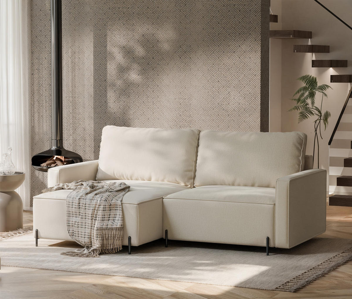 ECKSOFA LEO Links, mit Schlaffunktion und Bettkasten, Creme - Creme, Textil/Metall (229/148cm) - Idohome