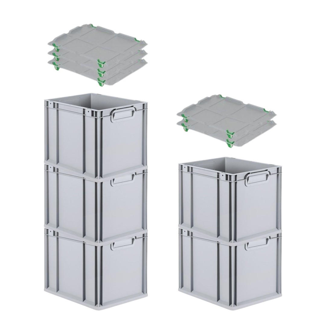 EUROBOX 5x Nextgen Economy Mit Auflagedeckel Grau/Grün Griffe Geschlossen 30 Liter - Grün, Kunststoff (30/32/40cm) - PROREGAL