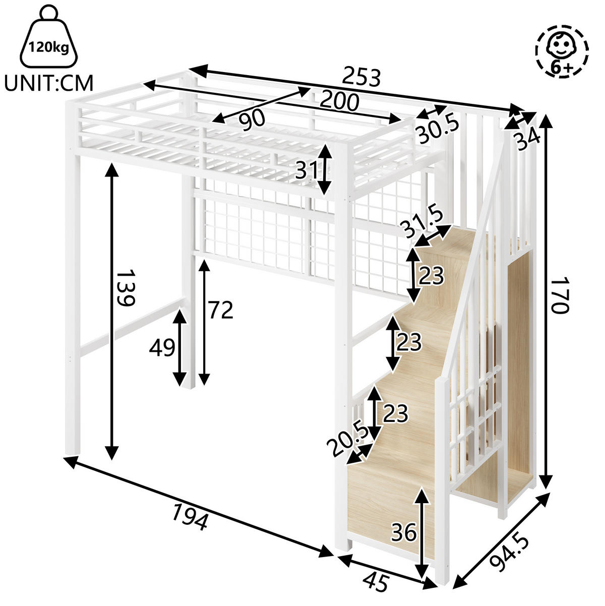 HOCHBETT 90/200 cm Weiß aus Metall/MDF mit Stauraumleiter - Weiß, Metall (90/200cm) - OKMYHOME