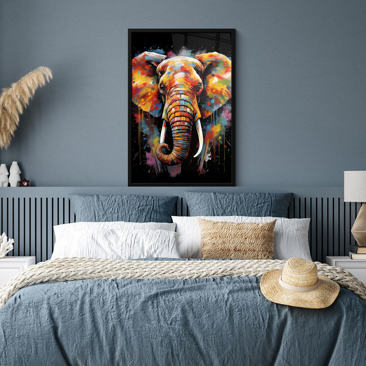 POSTER MIT RAHMEN Elefant - Graffiti - Schwarz - Tiere - Farben 60x90 cm - Schwarz, Papier (60/90cm) - MuchoWow