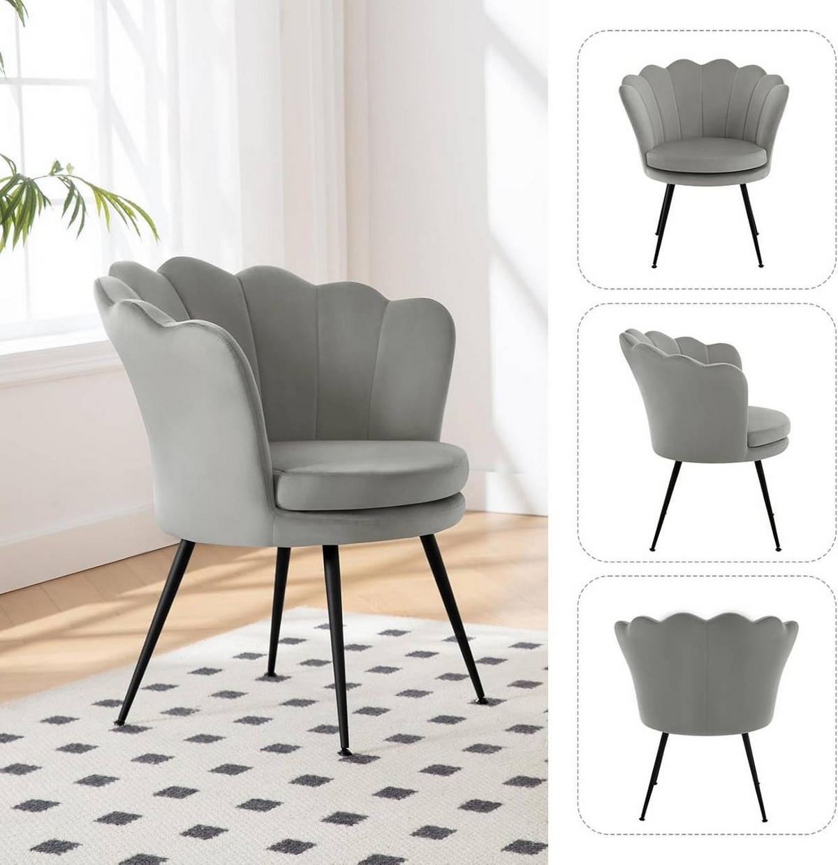 RELAXSESSEL Blumenform, Samtbezug, Grau - Schwarz/Grau, Textil/Metall (68/75/62cm) - Woltu