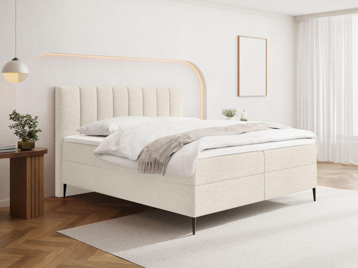 BOXBETT Allen mit Bettkasten, Boucle Creme 180x200 cm – inkl. H4 Taschenfederkern Matratze & Foam Topper - Creme/Schwarz, Holzwerkstoff/Metall (180/200cm) - WFL GROUP