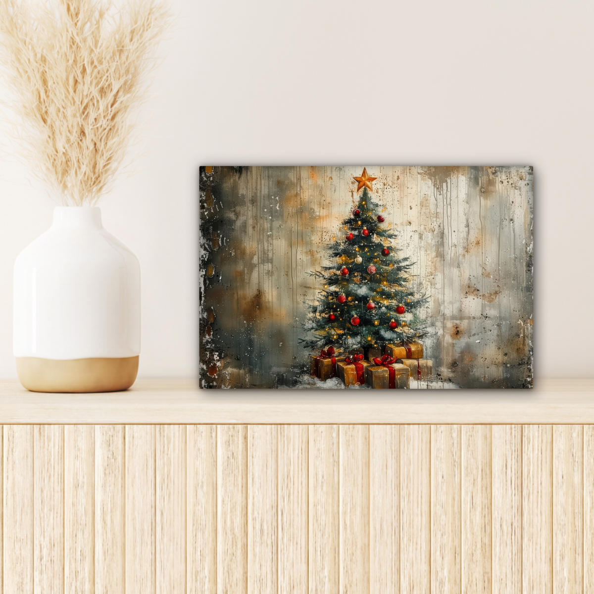 LEINWANDBILD Weihnachtsbaum - Vintage - Weihnachten - Geschenk Deko Schlafzimmer 30x20 cm - Rostfarben, Textil (30/20cm) - MuchoWow