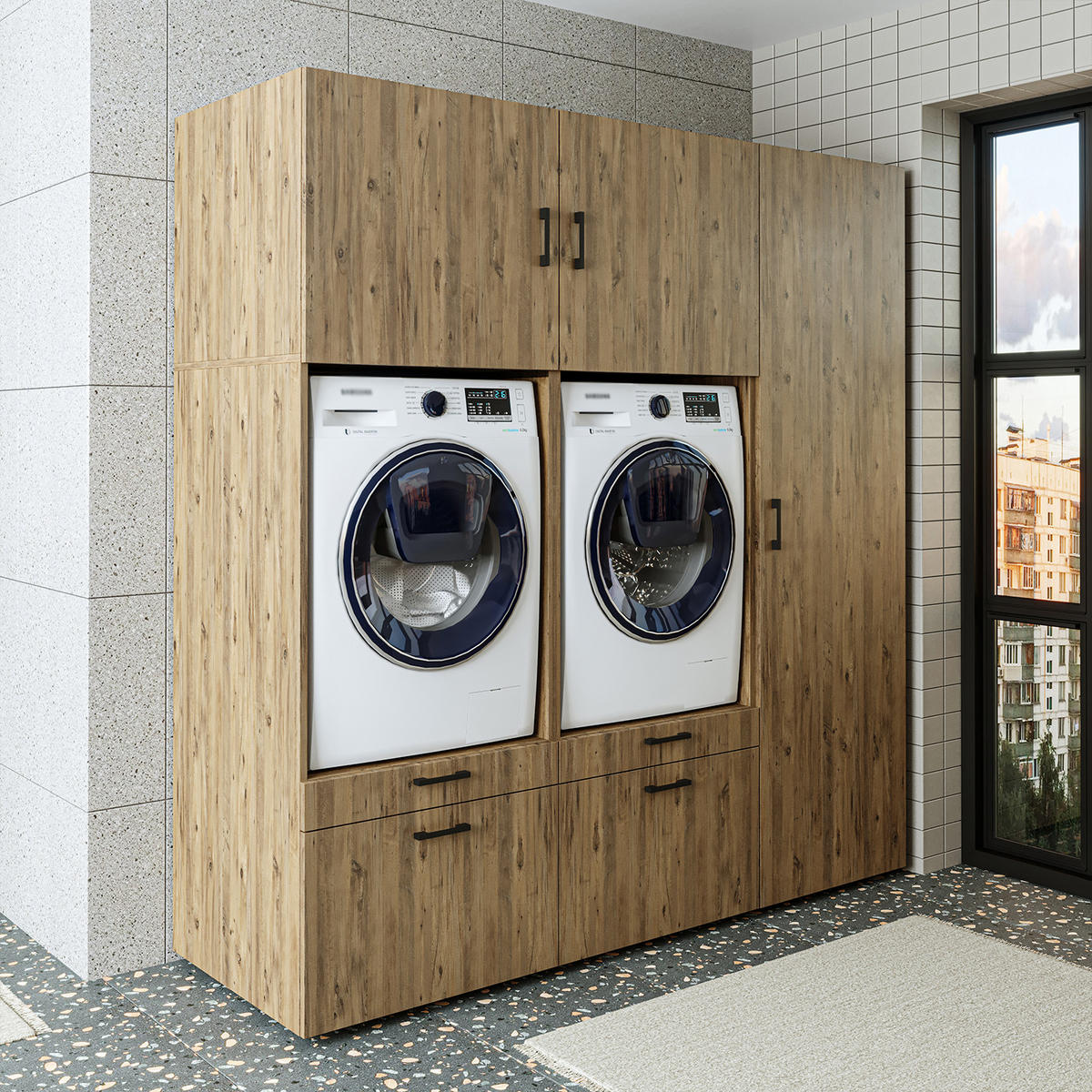 WASCHMASCHINENSCHRANK Serie 2 194cm Breit, 205cm Hoch - Eichefarben, Holzwerkstoff (194/205/67cm)