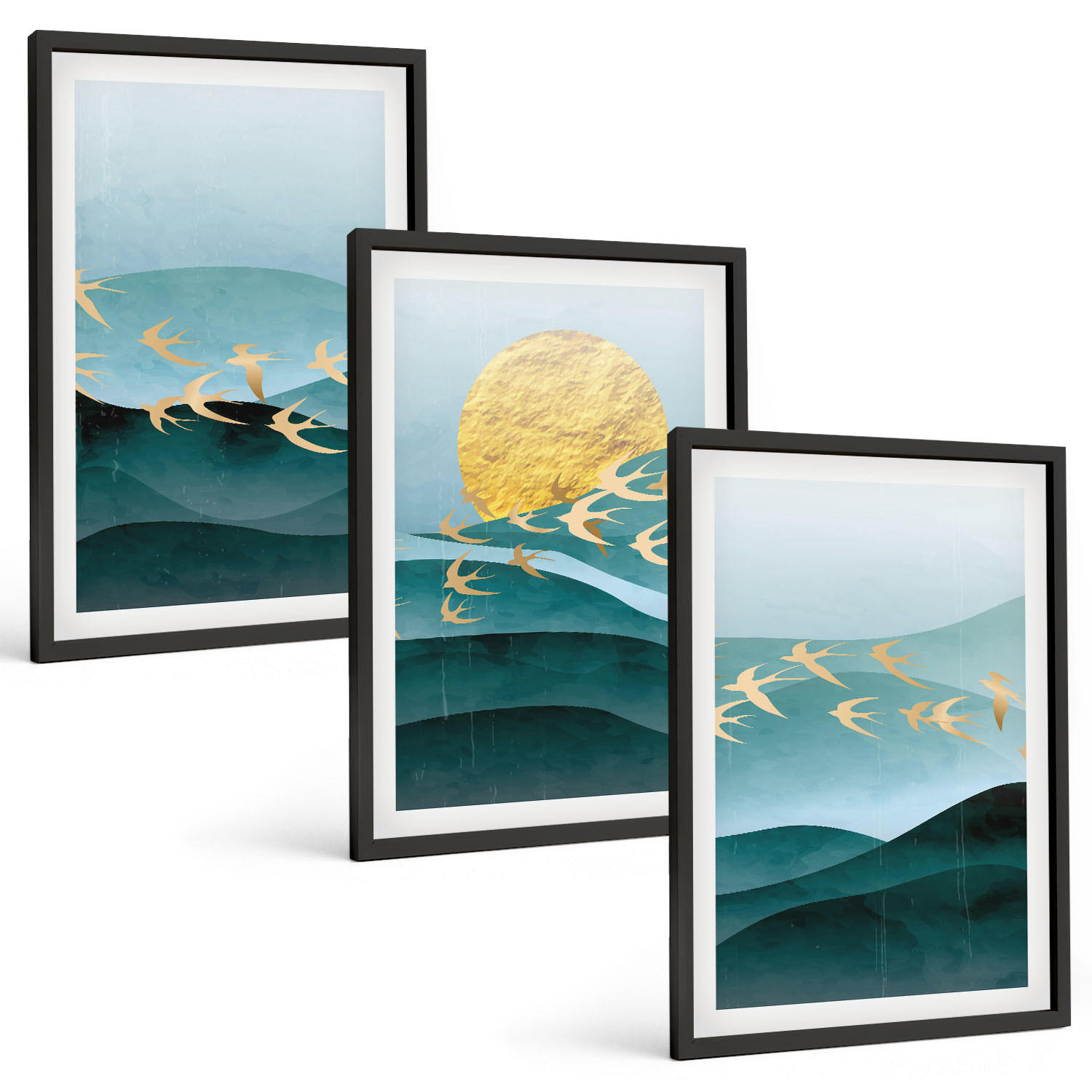 BILDER SET 3er Set - 40x60 cm Schwarzer Rahmen - Abstrakte Sonnenuntergangslandschaften - Schwarz, Kunststoff (40/60cm) - TULUP