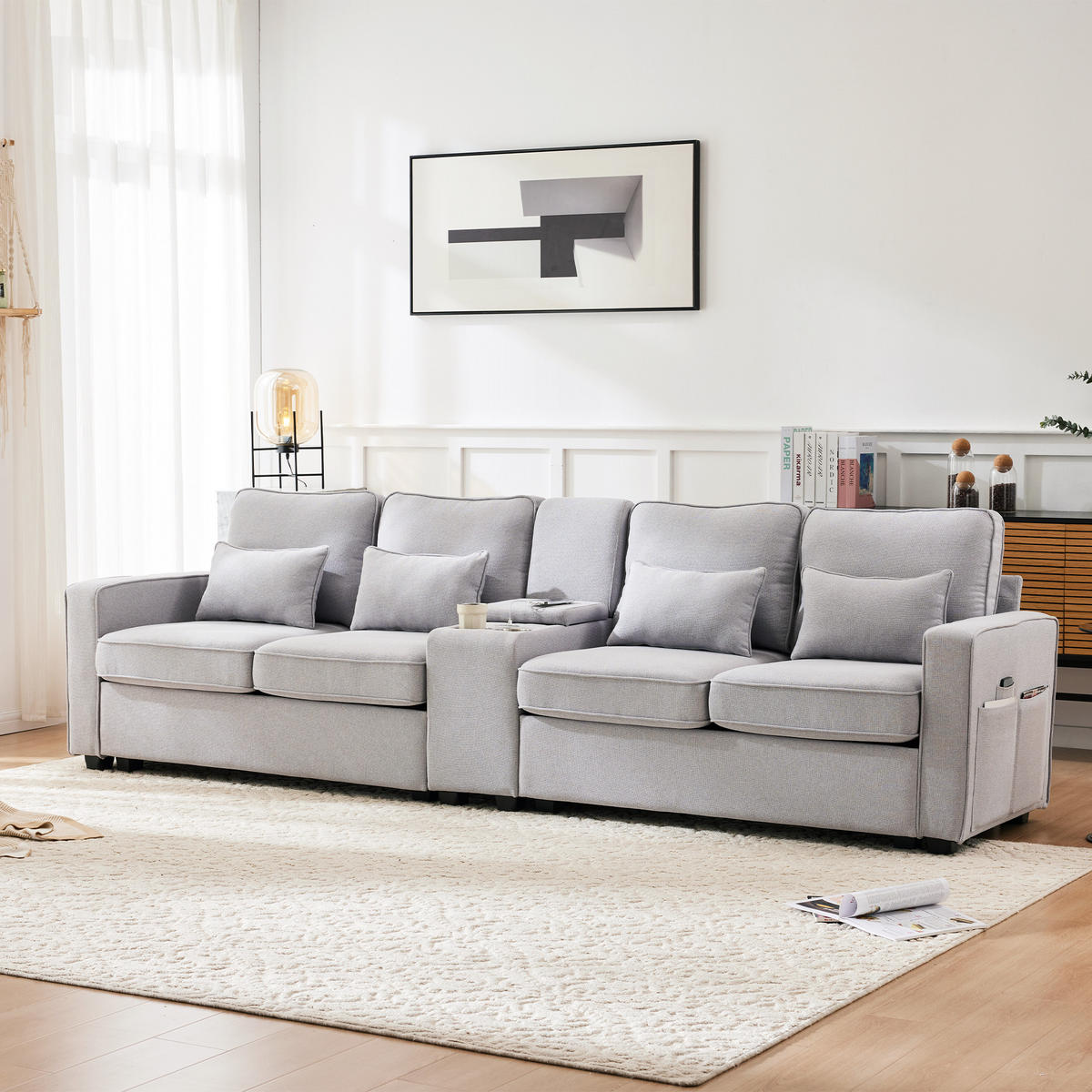 4-SITZER Sofa Leinenstoff mit Konsole 2 Getränkehaltern und 2 USB-Anschluss 290/83/88 cm Hellgrau - Hellgrau, Textil (88/290/83cm) - Redom