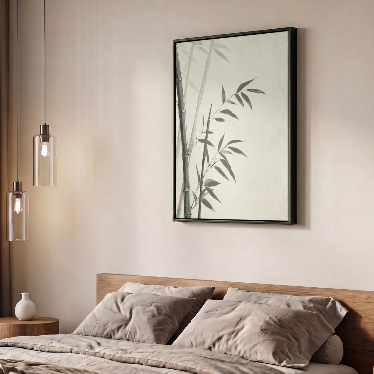 LEINWAND Bilder mit Rahmen - Japandi - Bambus - Beige - 50x70 - Eukalyptusholzfarben, Textil (50/70cm) - MuchoWow