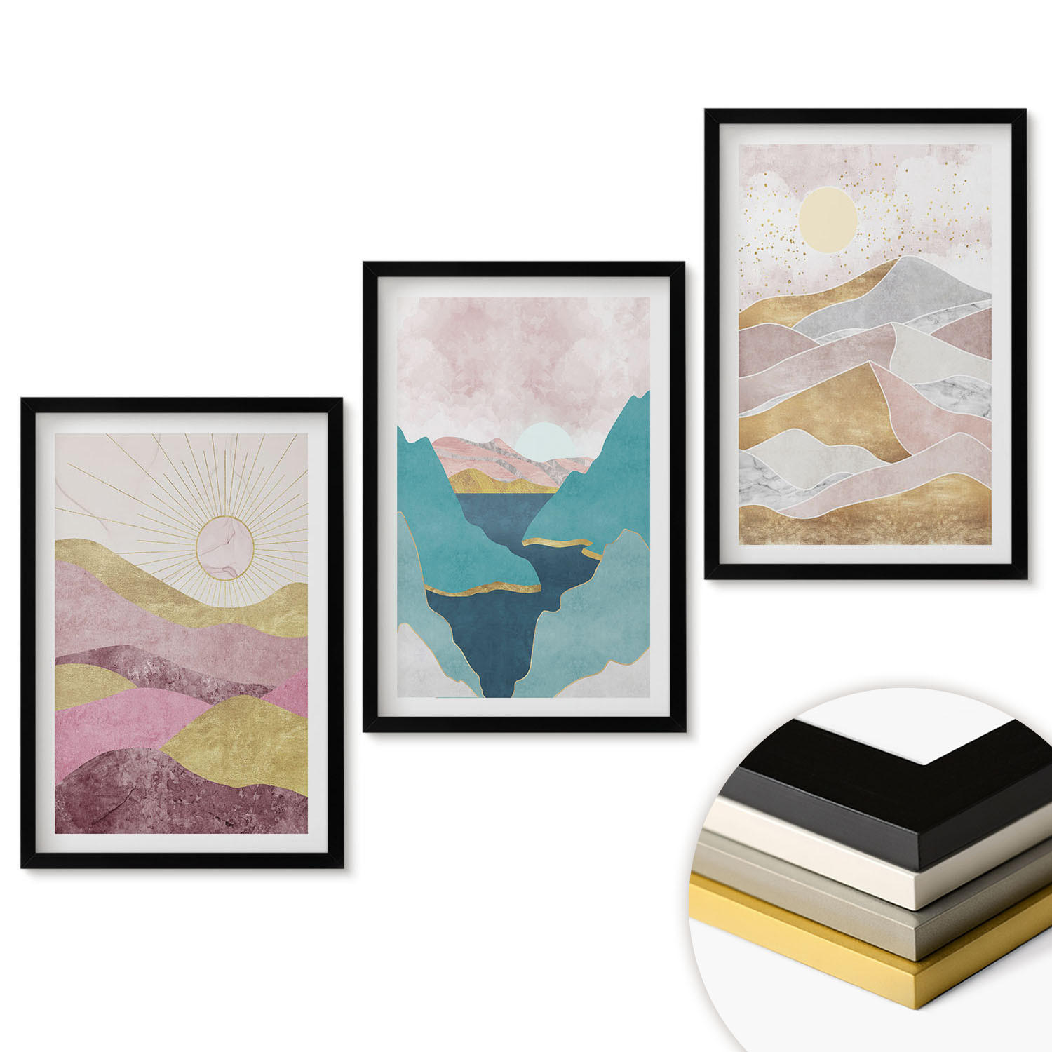 WANDBILDER 3er-Set - 40x60 cm Schwarzer Rahmen - Abstrakte Berge Sonne - Schwarz, Kunststoff (40/60cm) - ArtPrintCave