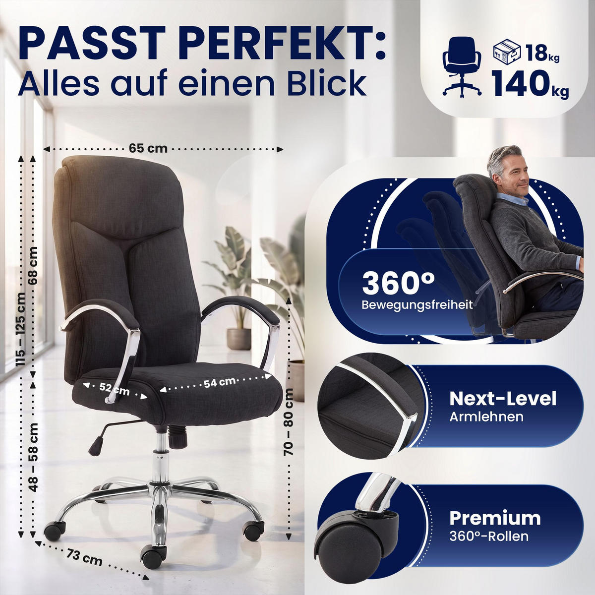 DREHSTUHL Stoff Schwarz - Chromfarben/Schwarz, Textil/Metall (65/115/73cm) - CLP