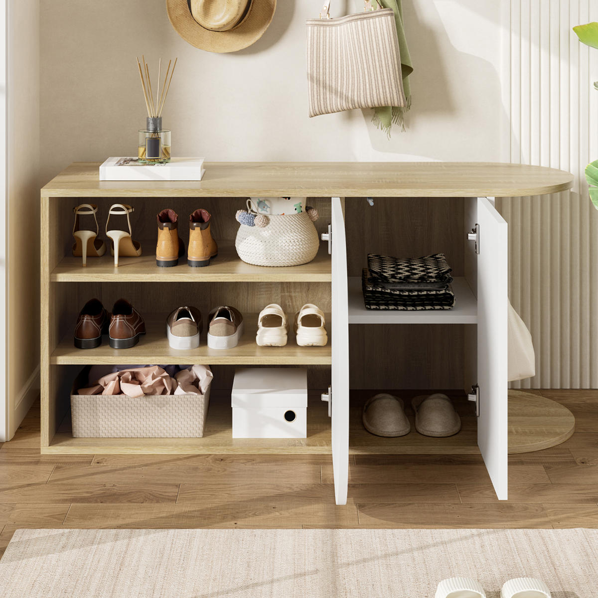 SCHUHBANK Weiß und Naturfarben 104/37/50 cm - Weiß, Holzwerkstoff (104/50/37cm) - PANGIVO