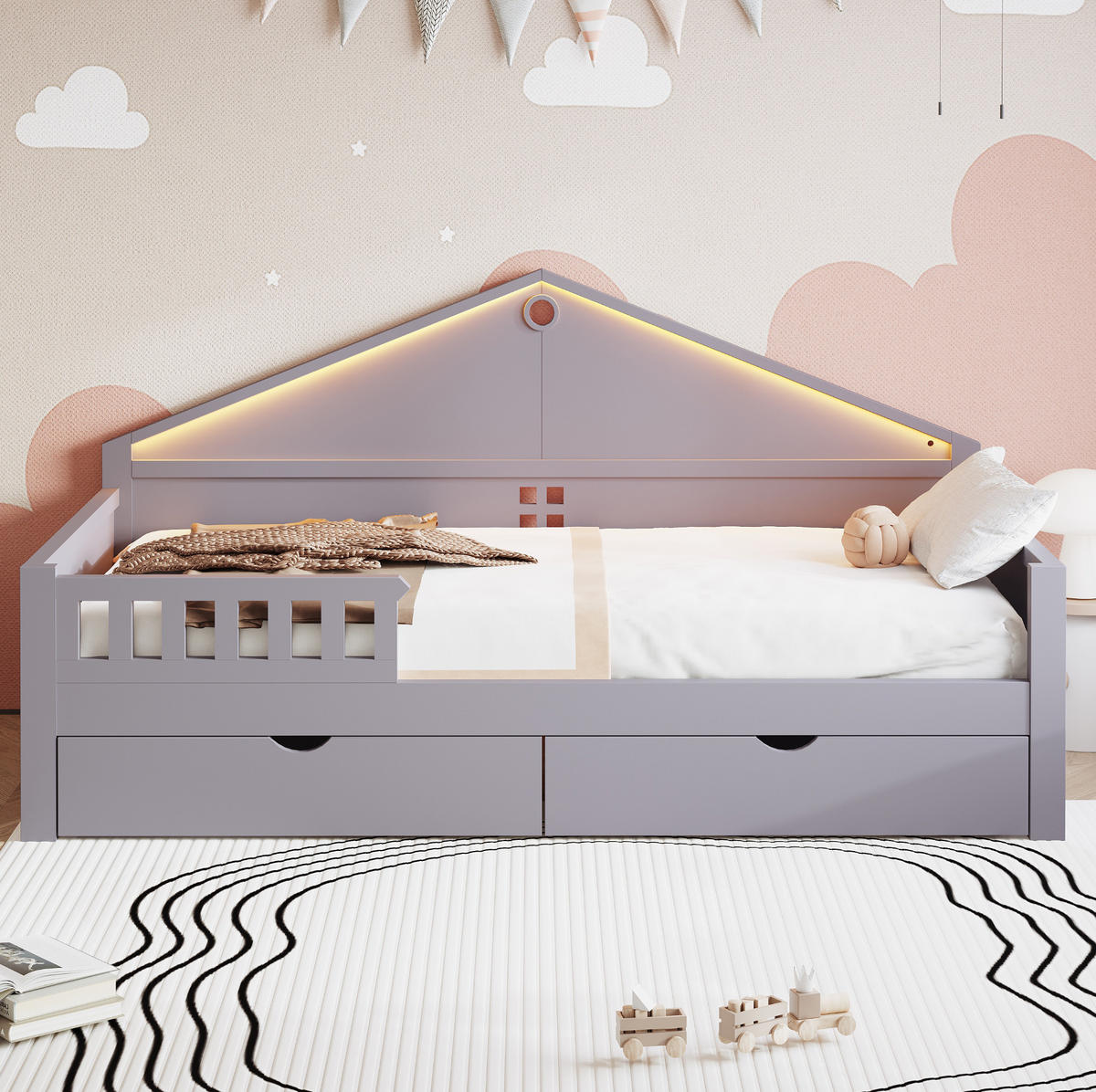 BETT mit 2 Schubladen und LED-Beleuchtung 90x200 cm Grau - Grau, Holzwerkstoff (90/200cm) - Beauniv