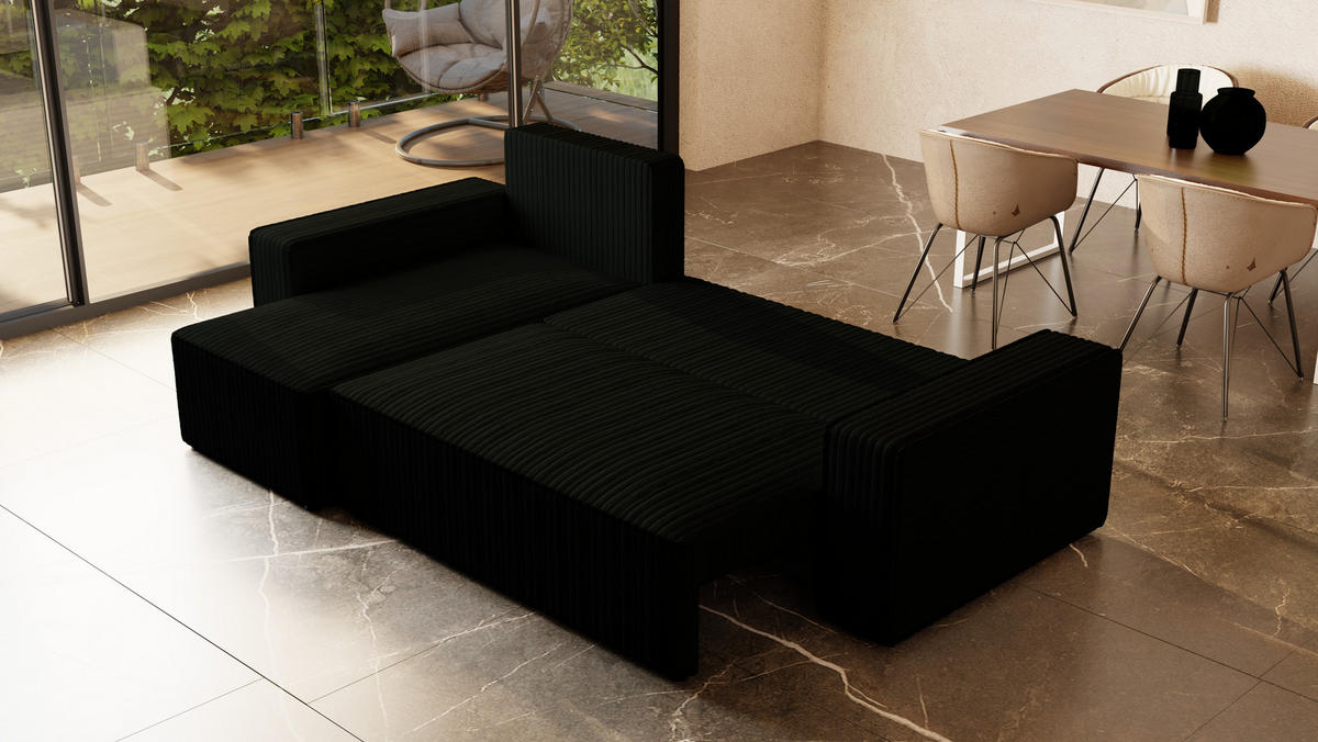 ECKSOFA Tobi mit Bettkasten und Schlaffunktion, L-Form/XL-Form, Cordstoff, Universal - Schwarz, Holzwerkstoff (246/145cm) - 4ALL HOME