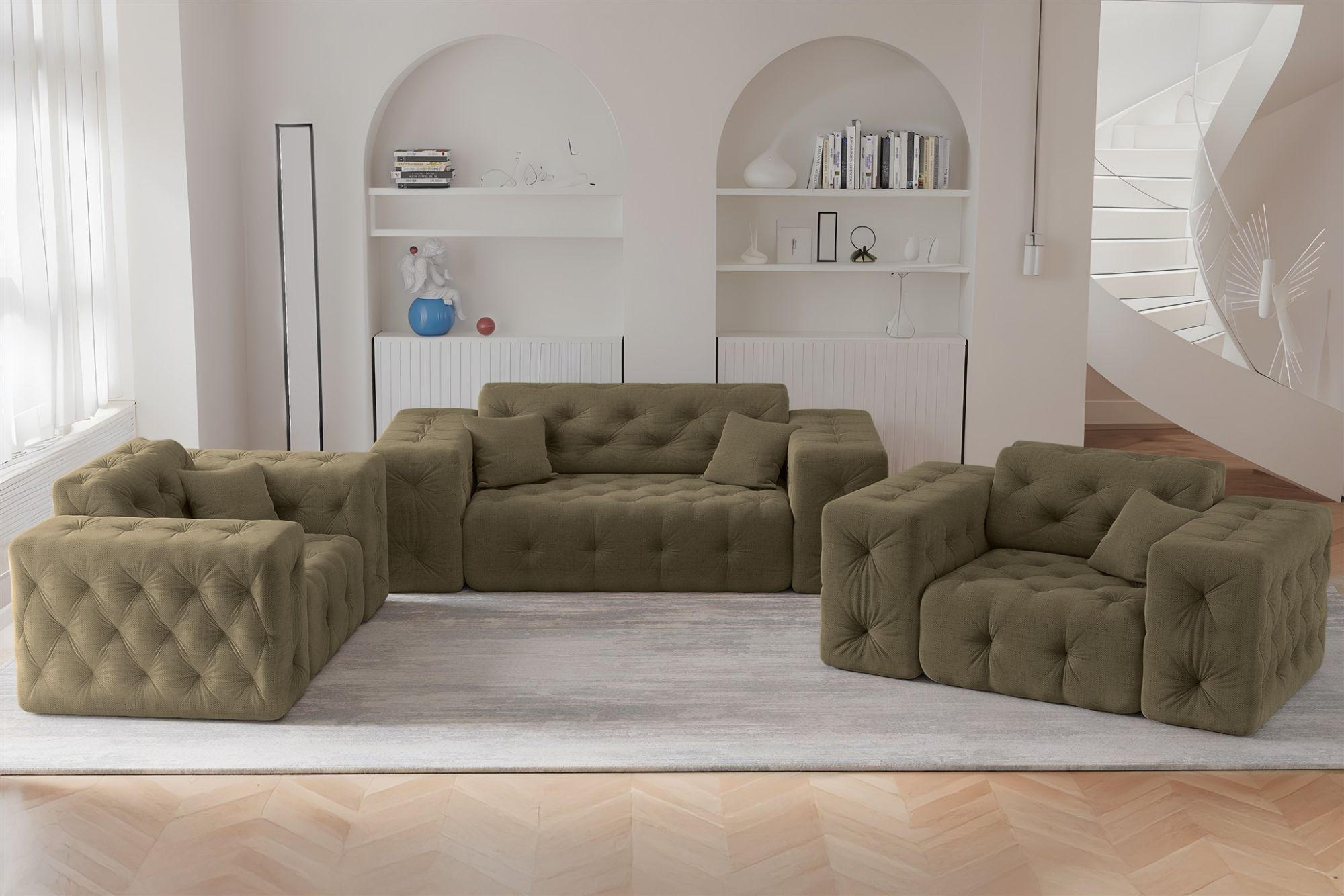 SOFASET Chantal In Moly - Grün, Holzwerkstoff/Textil (186/78/96cm) - Fun Möbel