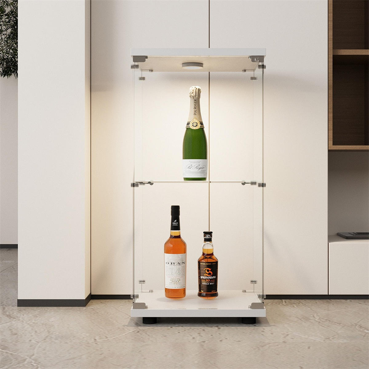 VITRINE - Glasvitrine mit 1 Tür und 2 Ebenen - integrierte LED-Spot-Beleuchtung - Weiße Decken- und Bodenplatte - Weiß, Glas (40.35/86.2/36.5cm) - DELFA
