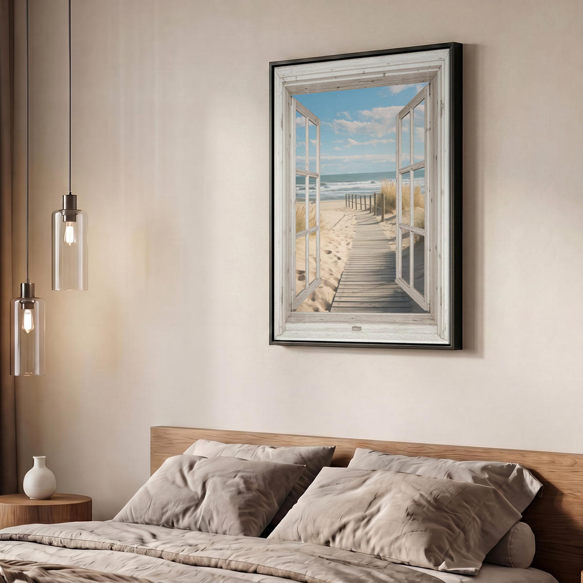 LEINWAND Bilder mit Rahmen - Fenster - Meer - Küste - Natur - Ausblick - Strand - Wattenmeer - 60x80 - Beige, Textil (60/80cm) - MuchoWow