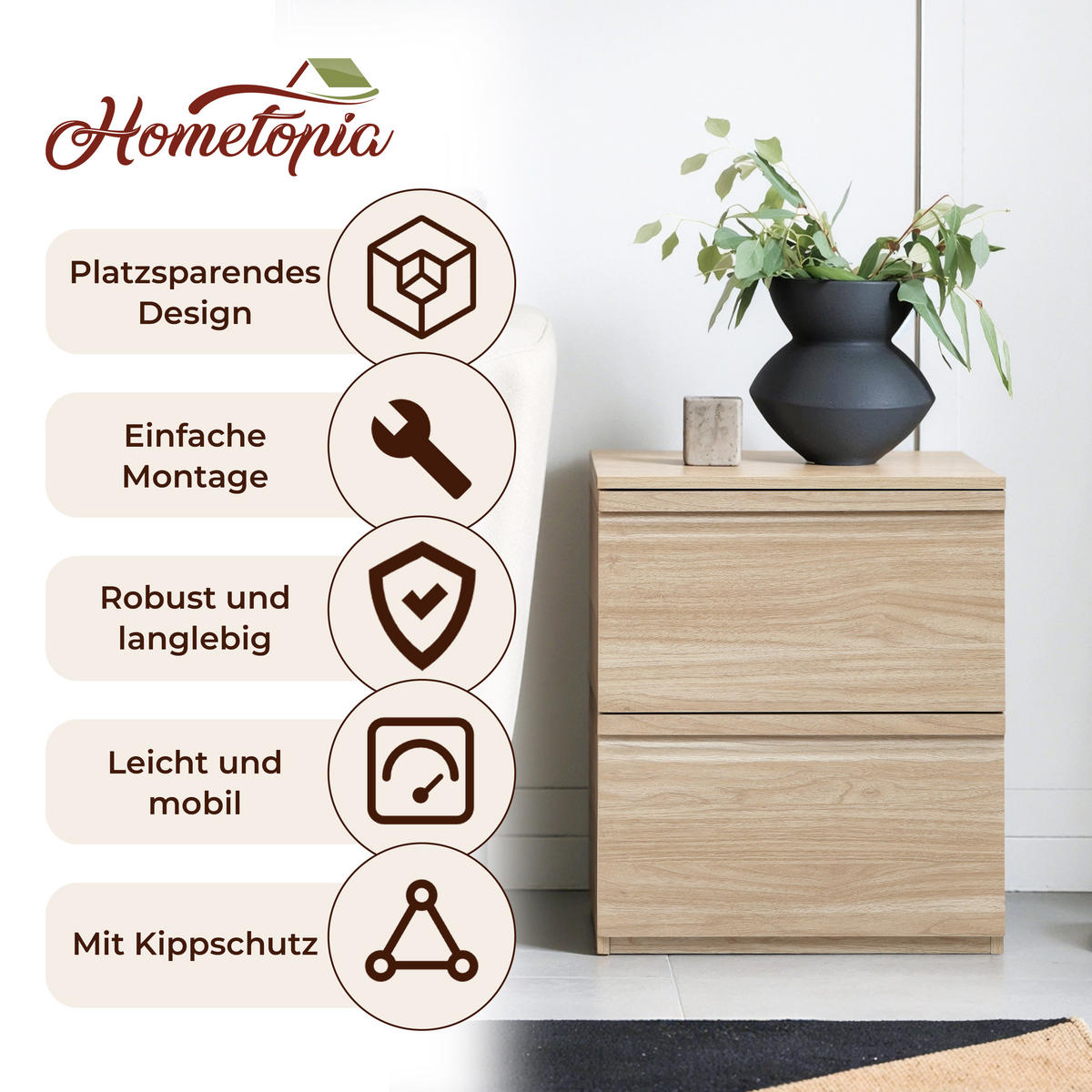 NACHTTISCH Holz mit 2 Schubladen, Holzoptik | B40 x T40 x H49 cm - Hellbraun, Holzwerkstoff (39.5/48.5/39.5cm) - Hometopia