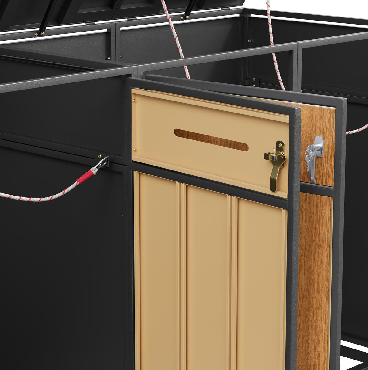 BOX na odpadkové koše z oceli 264x80x118 cm šedá/dekor dřeva se 4 oddíly, výklopným víkem, předními dvířky a větráním - šedá, kov (264/118/80cm) - Modfu