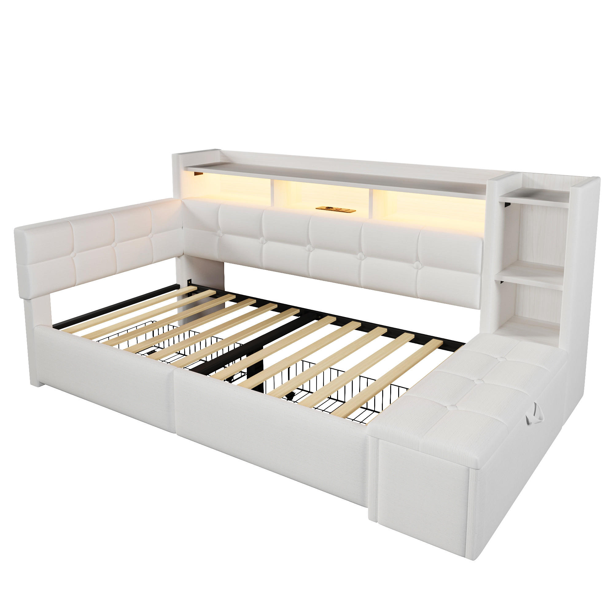 TAGESBETT 90/190 cm DE-04946, mit 2 Schubladen und LED in Weiß - Weiß, Holzwerkstoff (90/190cm) - ComfortXL