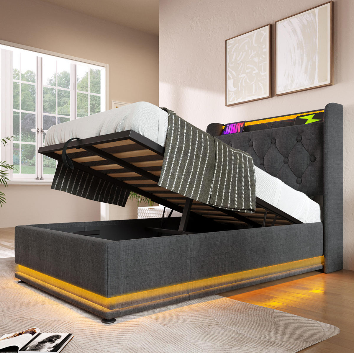 POLSTERBETT aus Leinen 90x200 cm Grau mit LED, USB-C und Bettkasten - Grau, Textil (90/200cm) - IVMEU