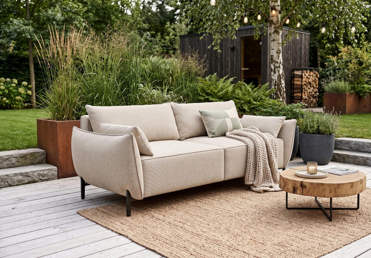 SOFA 2-Sitzer für Terrasse und Garten, Stoff Sunlight, Ecru, SUNMEE - Ecru, Holz (158/90/95cm) - Kaiser Möbel