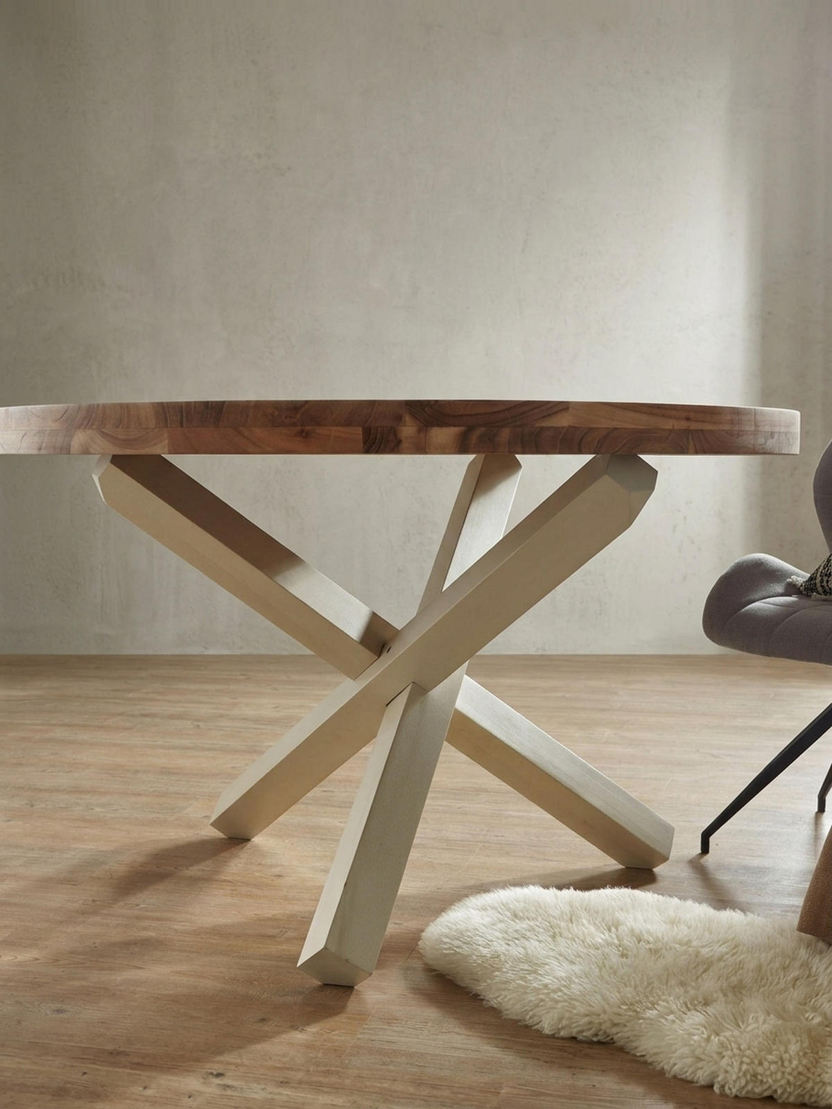 ESSTISCH Massivholz Rund Kreuzbeine Handgefertigt TEKO, Beige 120x120x75 cm - Beige/Weiß, Holz (120/120/75cm) - KADIMA DESIGN