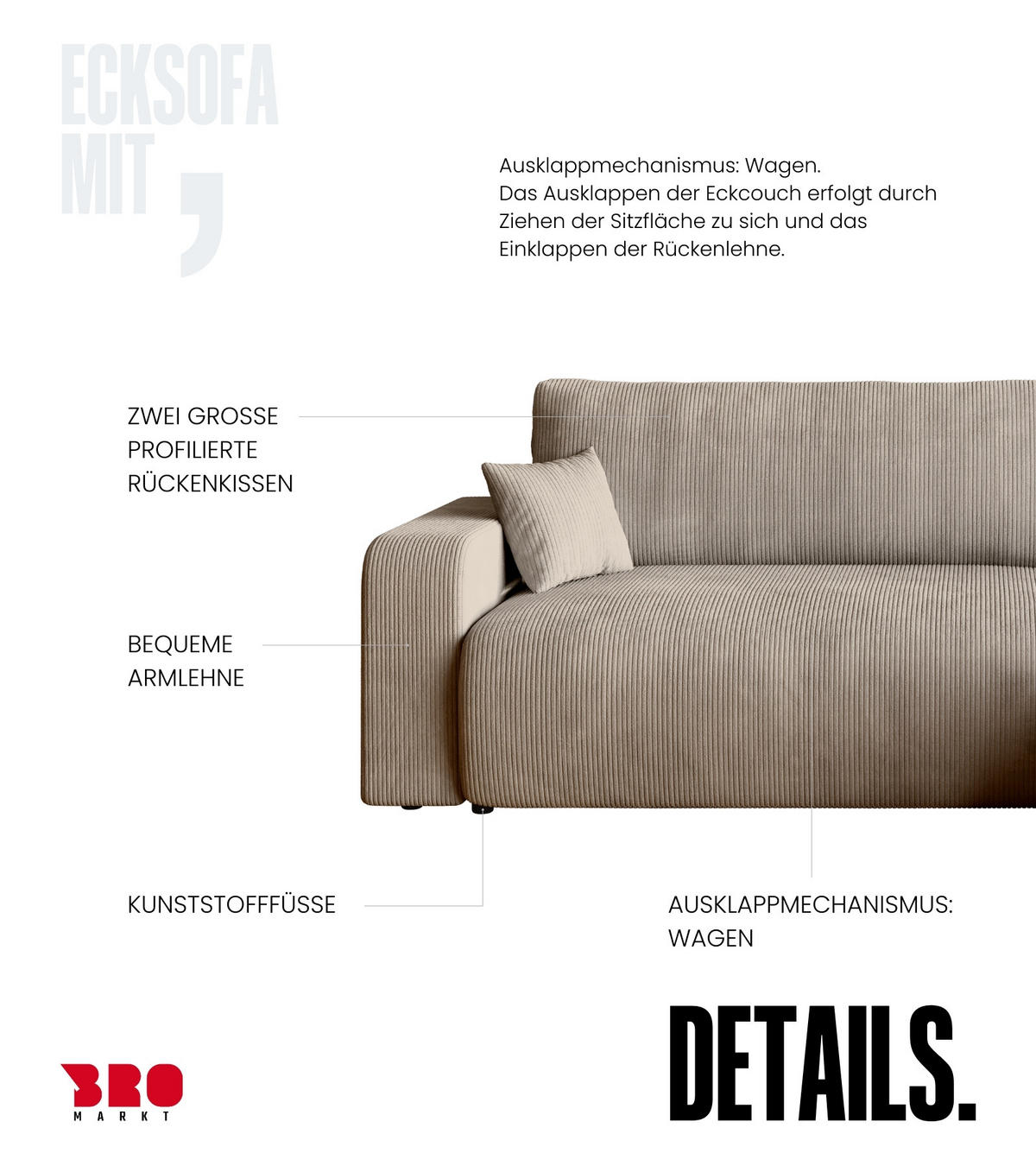 ECKSOFA PUMI mit Schlaffunktion Beige Cord - Beige, Textil (244/148cm) - Bromarkt