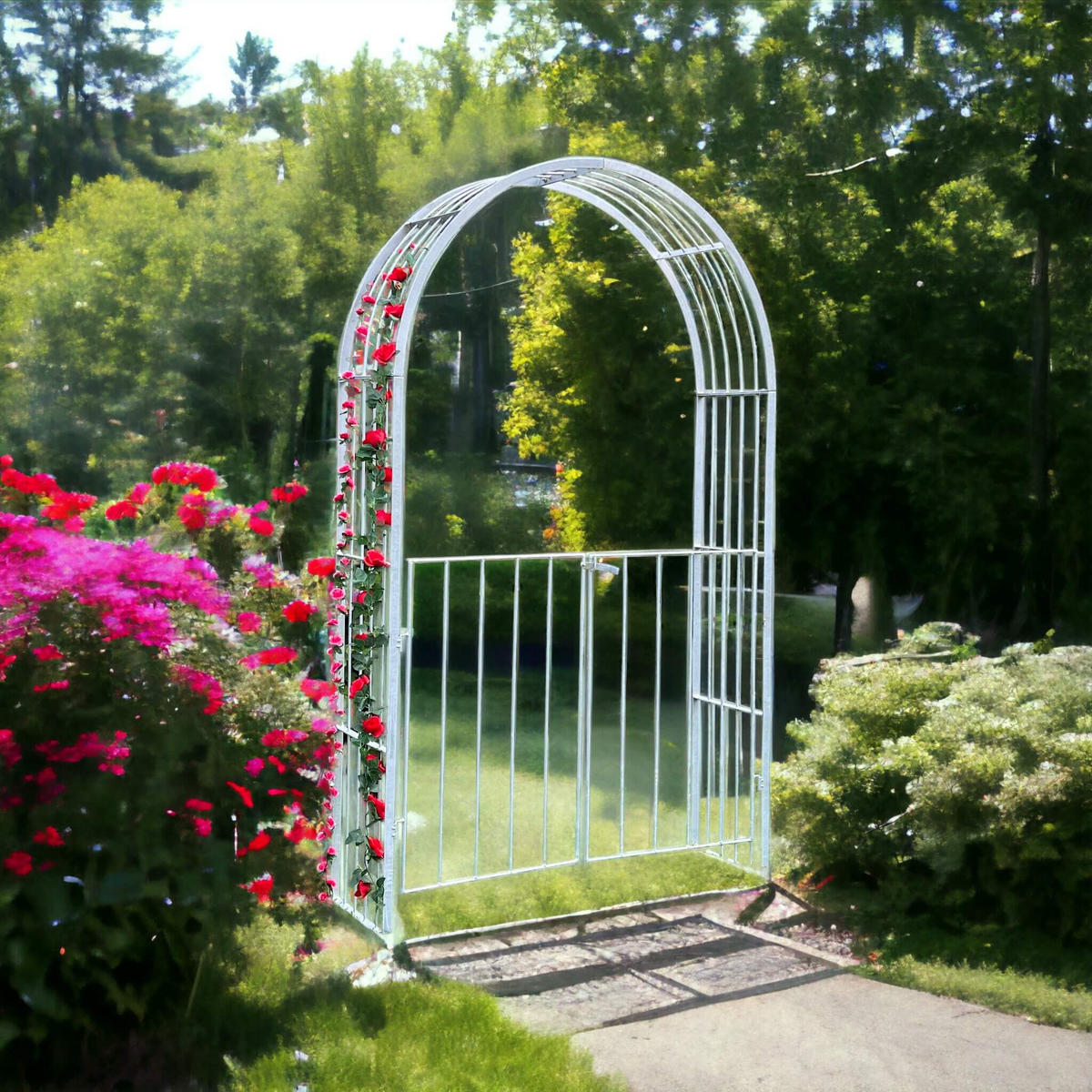 ROSENBOGEN mit Tor Metall verzinkt 140/40/230 cm - Grau, Metall (140/230/40cm) - DanDiBo