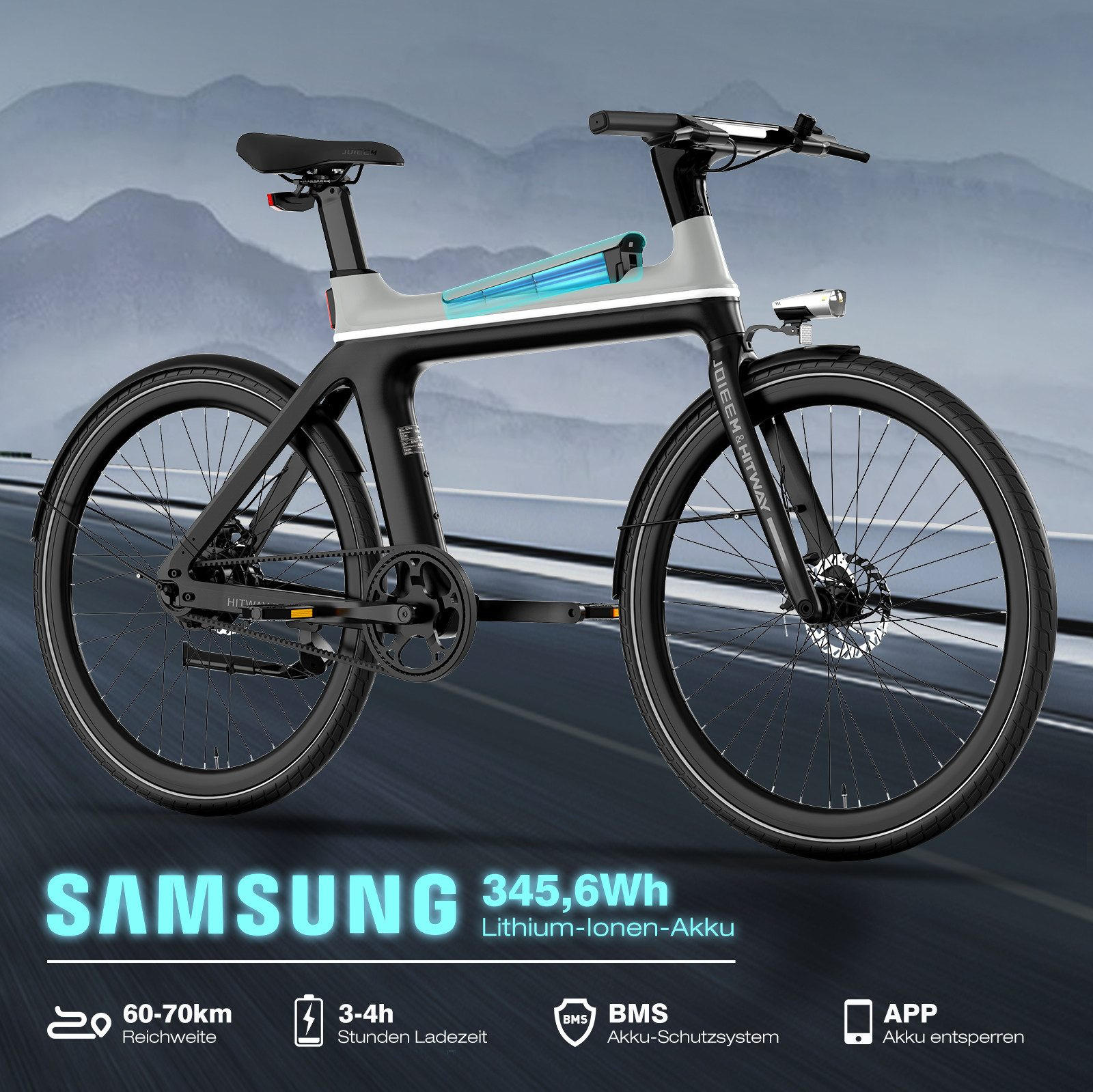 E-BIKE Cityrad 700C mit APP 4G-GPS-Tracking, Max. 70km - Schwarz, Metall (30.5cm) - HITWAY